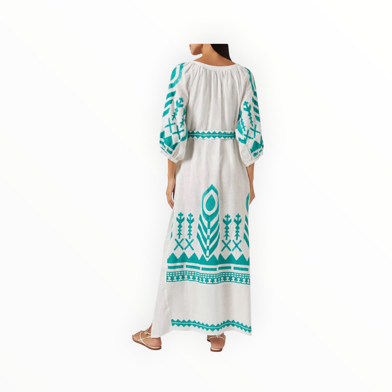 Greek Archaic Kori Feather Belted Maxi Dress - White/Emerald