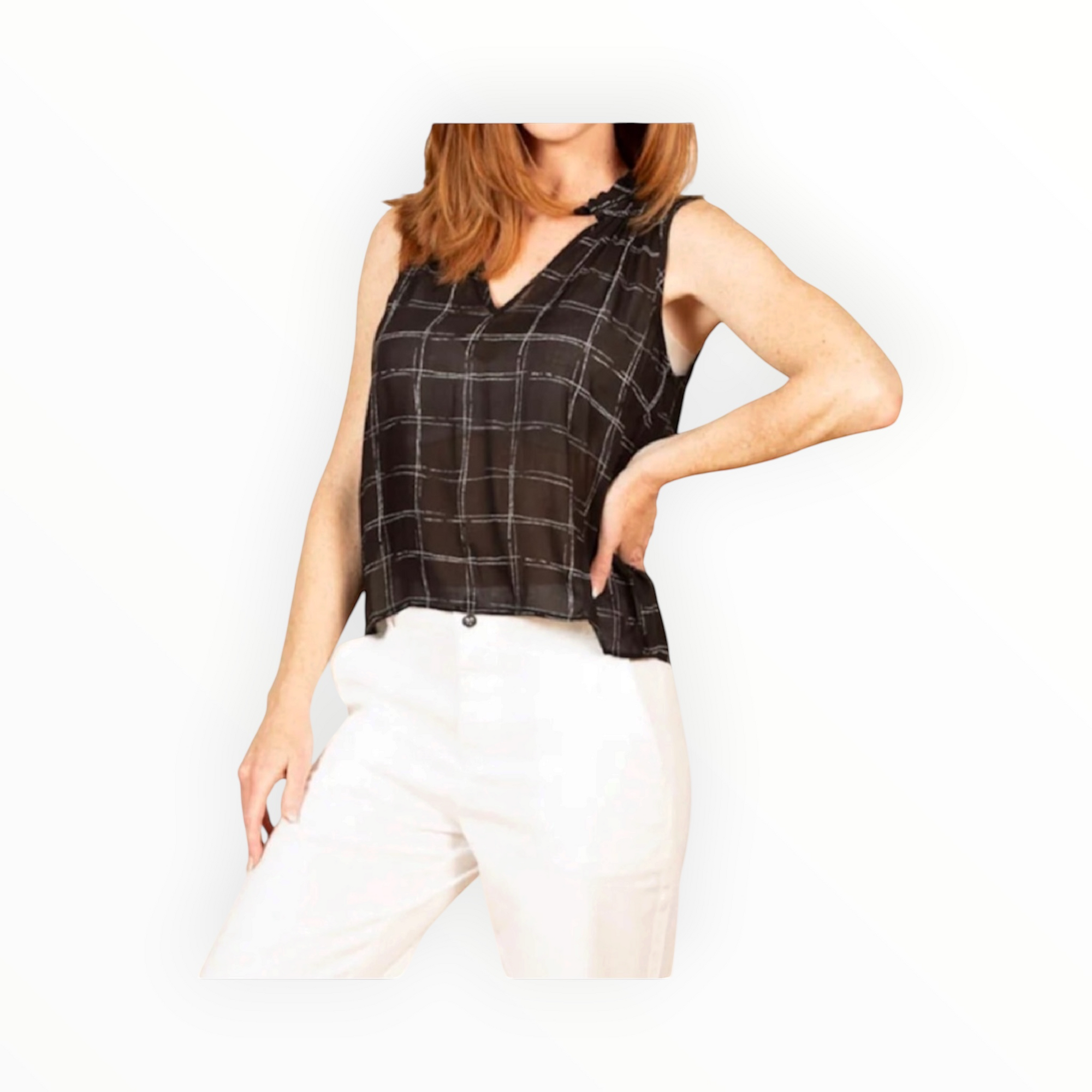 Bella Dahl Ruffle Neck Tank - Striped Plaid