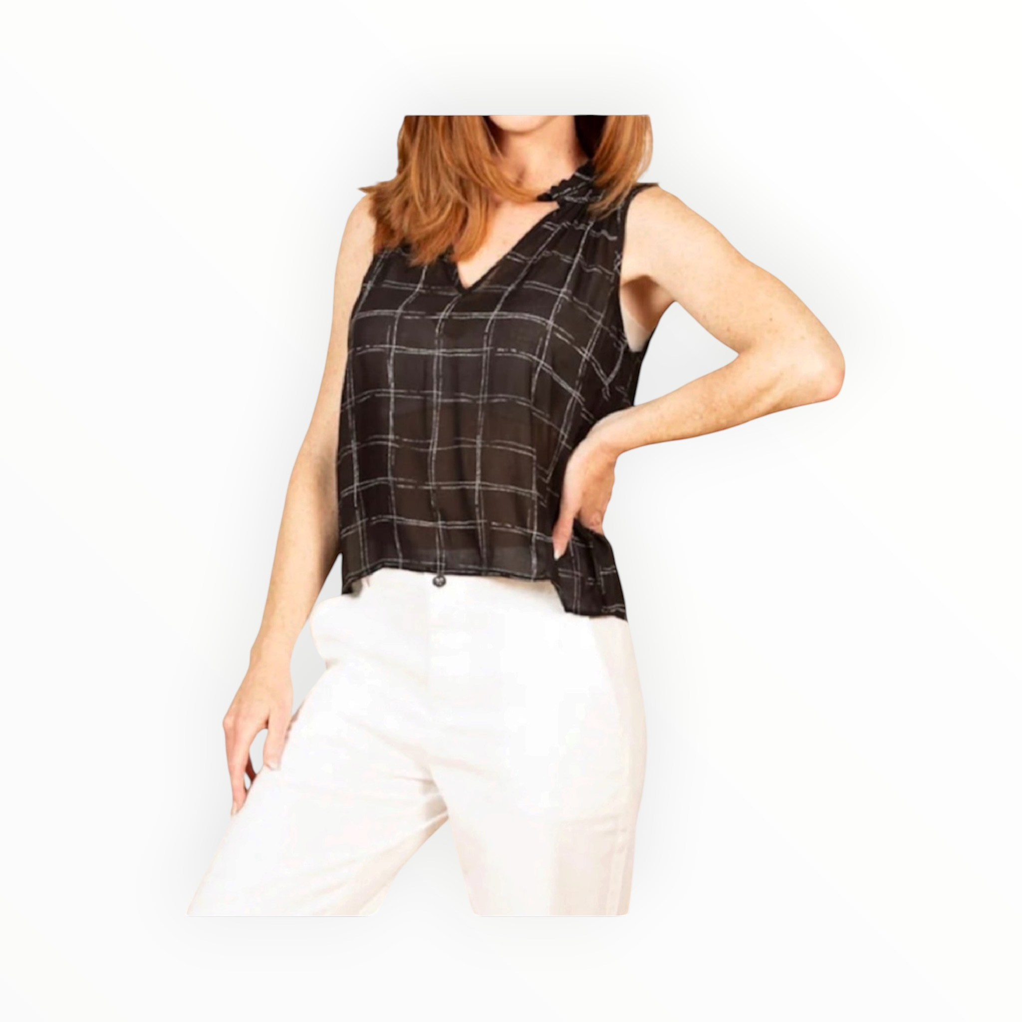 Bella Dahl Ruffle Neck Tank - Striped Plaid