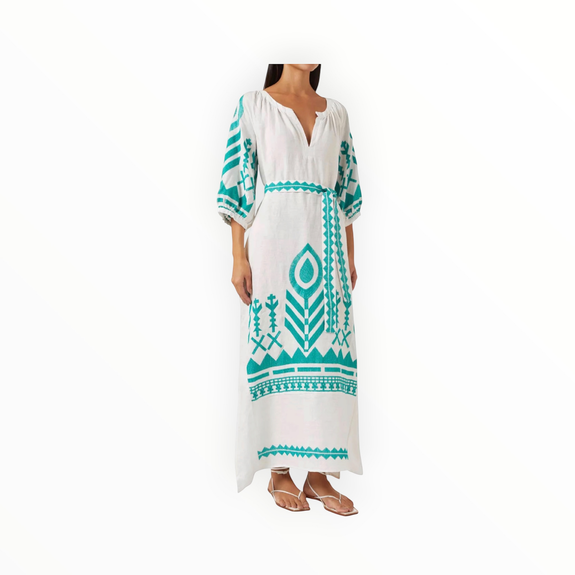 Greek Archaic Kori Feather Belted Maxi Dress - White/Emerald