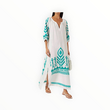 Greek Archaic Kori Feather Belted Maxi Dress - White/Emerald