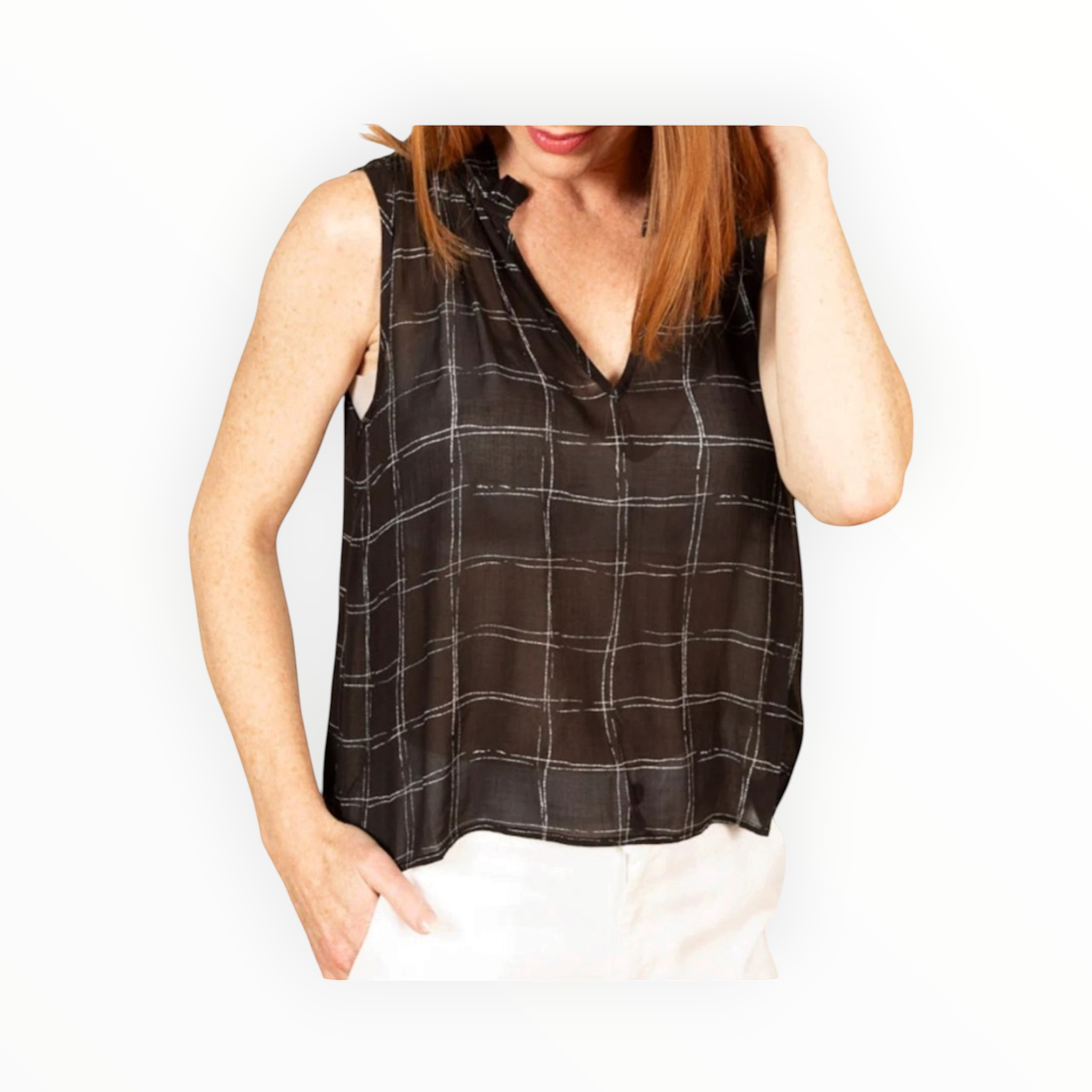 Bella Dahl Ruffle Neck Tank - Striped Plaid