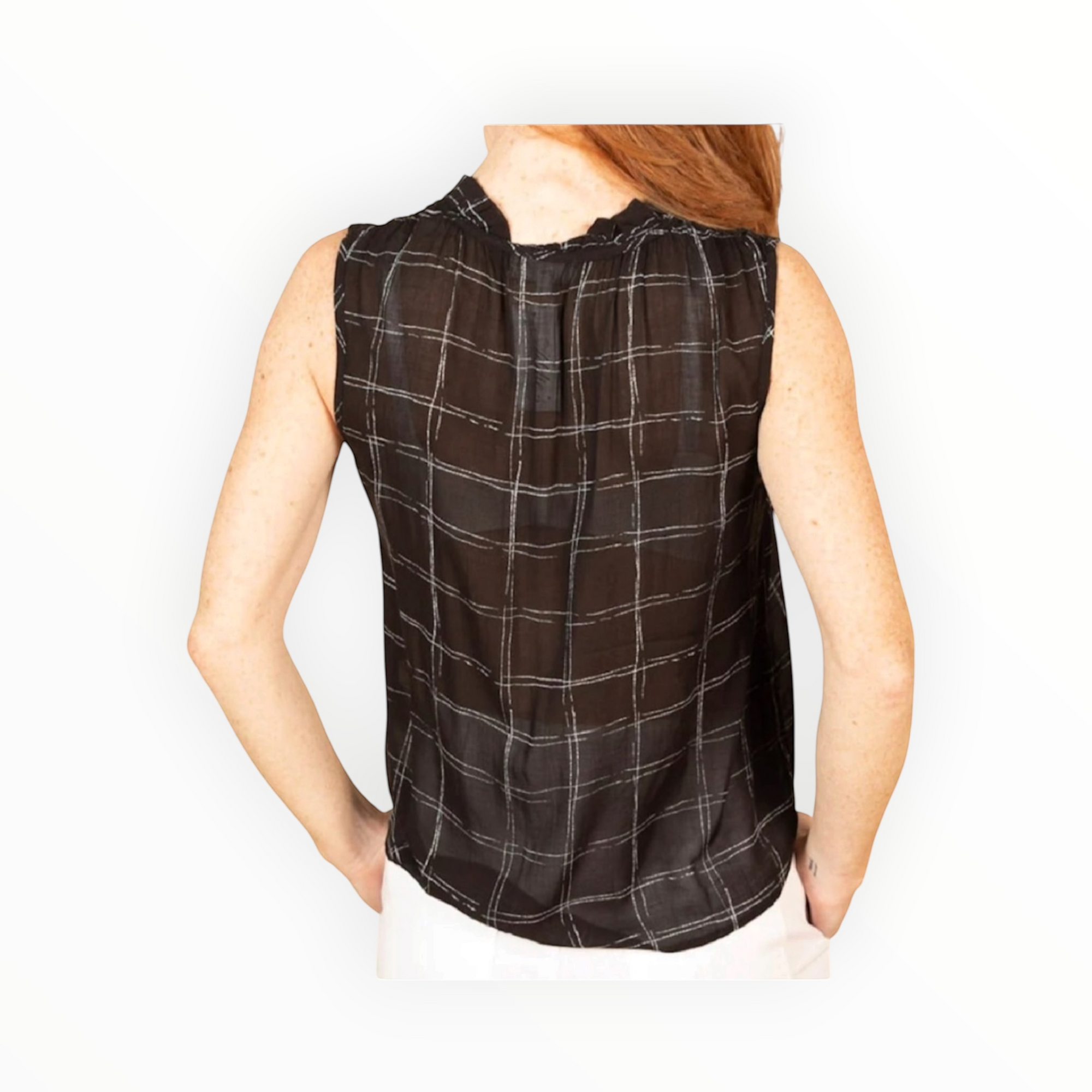 Bella Dahl Ruffle Neck Tank - Striped Plaid