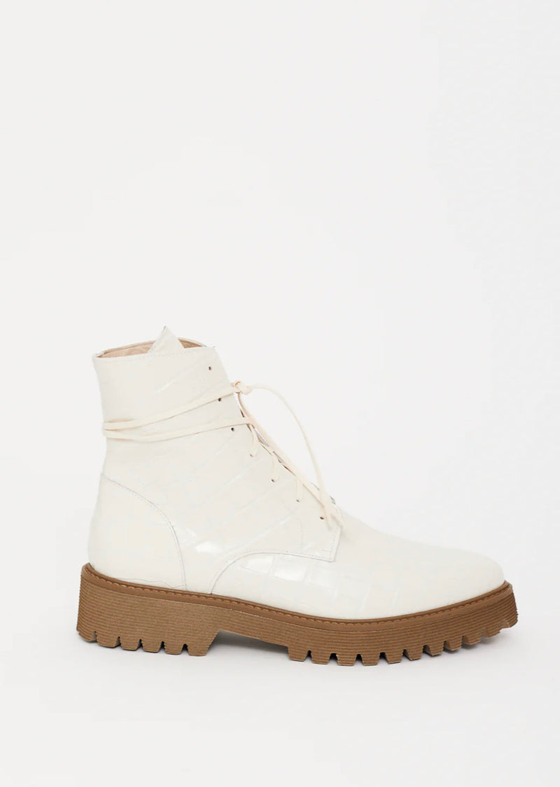 Frēda Salvador Emi Lace Up Boot - Creme Embossed Croc