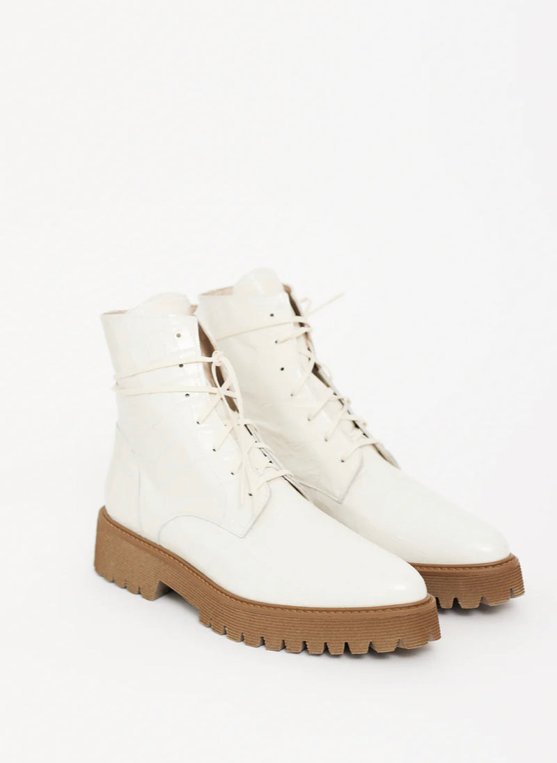 Frēda Salvador Emi Lace Up Boot - Creme Embossed Croc