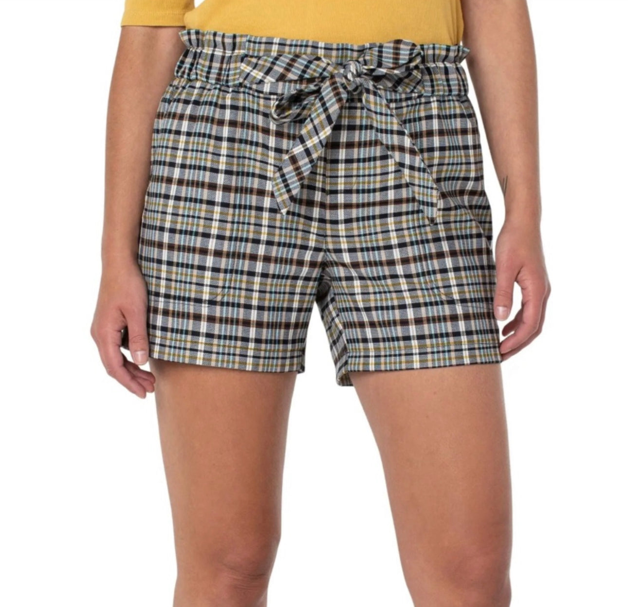 Liverpool Los Angeles Plaid Paperbag Waist Shorts