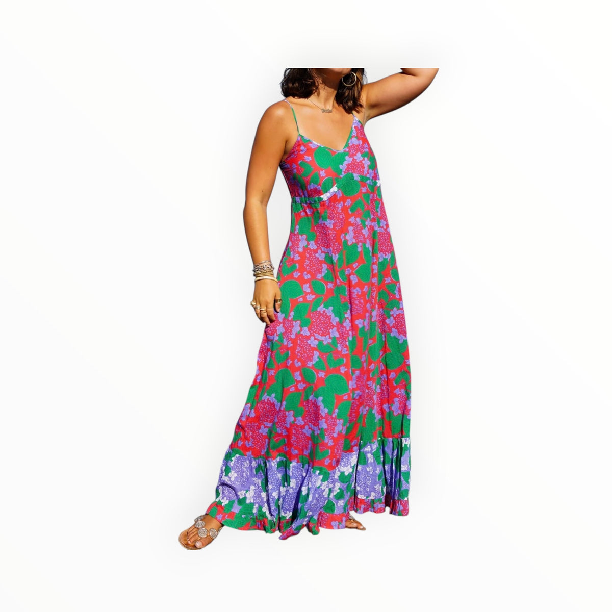 La Plage Flagship Maxi Dress in Hydrangea Pink W/Green & Periwinkle Blue